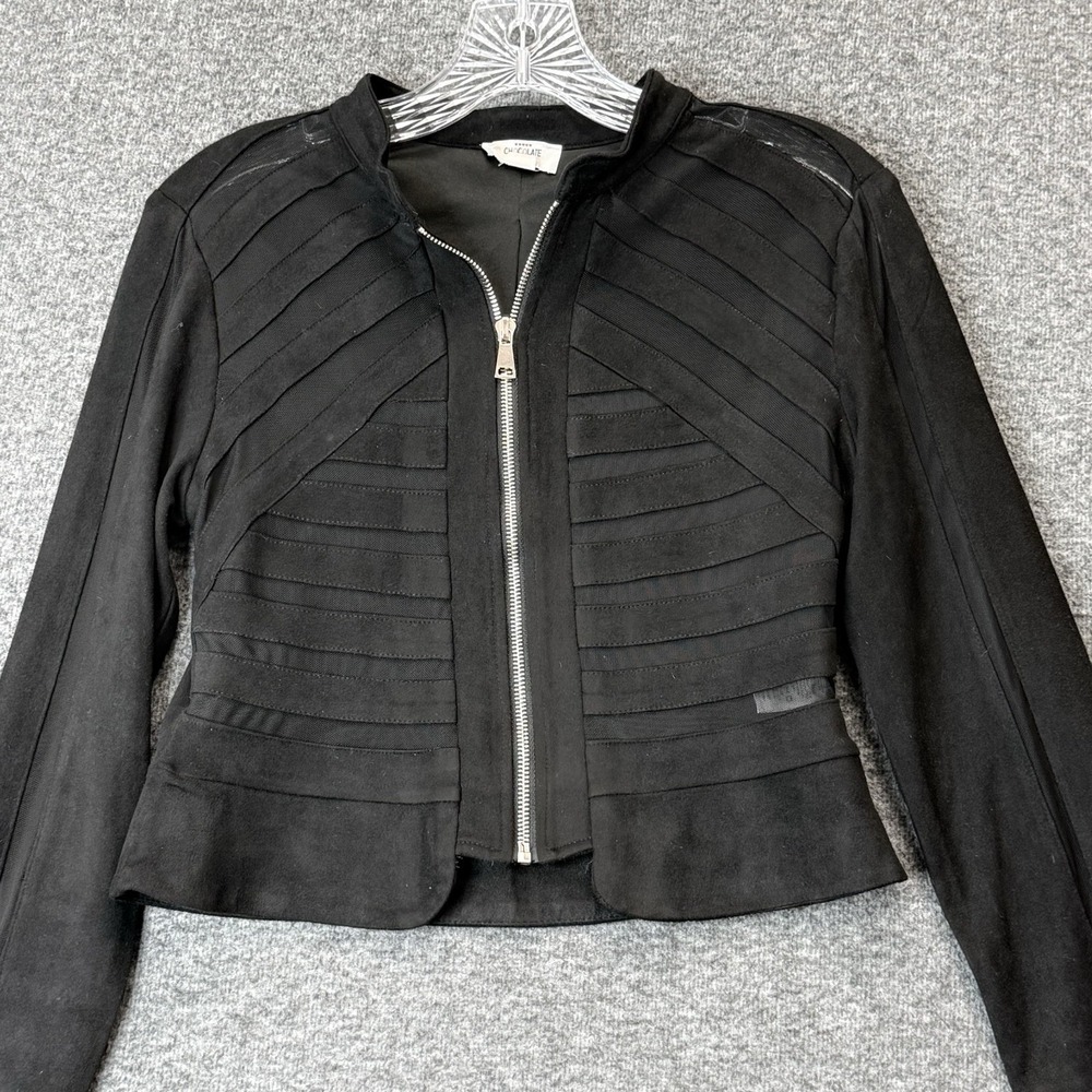 Y2k Moto Jacket Women M Black Gothic Faux Suede Striped Mesh Cropped Full Zip